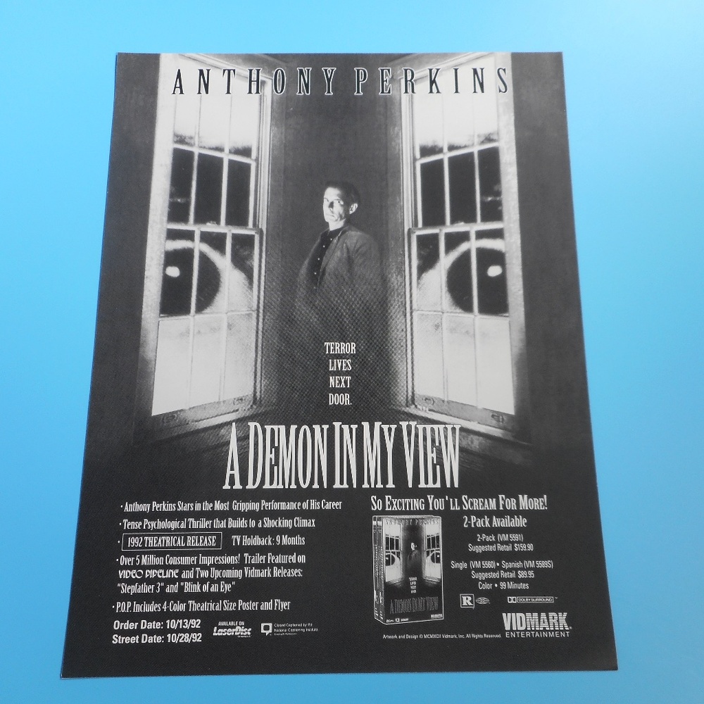 VTG 90s A Demon in My View Movie Poster Horror Halloween Anthony Perkins 8.5x11